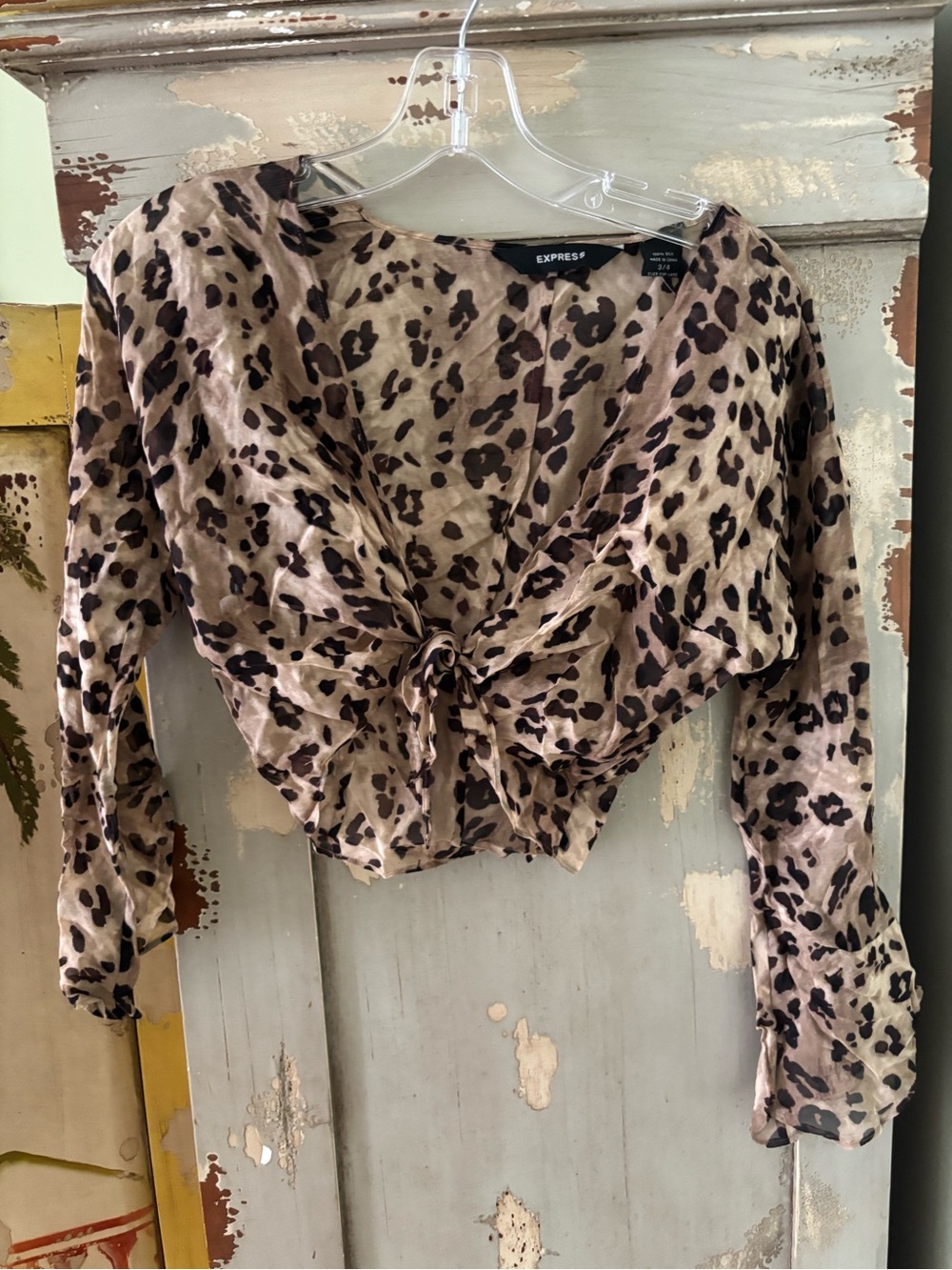 Express Taupe Leopard-Print Tie-Front Crop Top